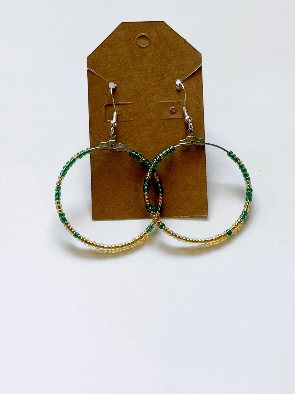 Green and Gold Beaded Hoop Earrings - Unbranded
